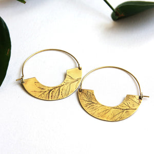 Brass Hoop earrings with a botanical imprint